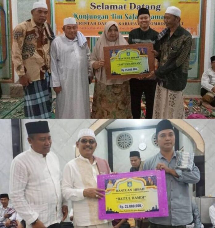 Bupati Lobar Hj. Sumiatun dan Sekda Lobar H. Ilham yang turun Safari Ramadhan ke masing-masing titik dan menyerahkan hibah ke pengurus masjid