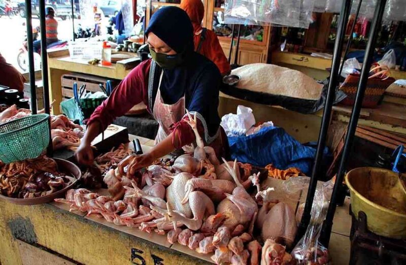 Salah seorang pedagang daging ayam di pasar Kota Sumbawa