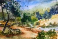 Karya lukis Dek Mahendra. Bentang alam yang tenang, dengan sapuan warna lembut namun terang (Foto/Screeshoot: aks)