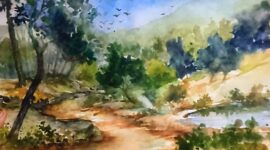 Karya lukis Dek Mahendra. Bentang alam yang tenang, dengan sapuan warna lembut namun terang (Foto/Screeshoot: aks)